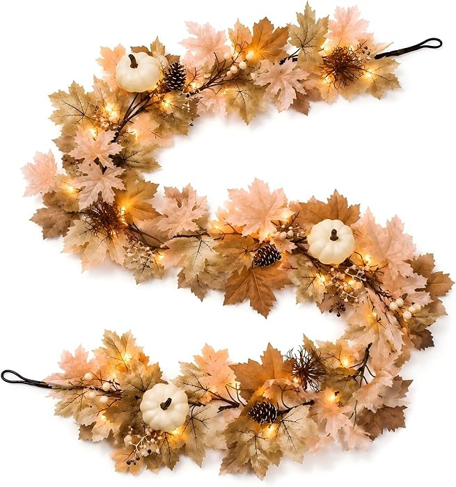 6Ft Fall Garland with Lights, Neutral Fall Decor, White Pumpkins | Amazon (US)