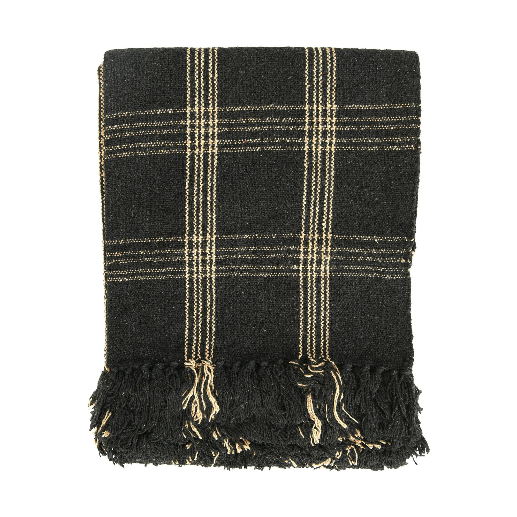 Creative Co-Op Soft Woven Reclaimed Cotton Blend Throw with Fringe, Black and Tan Plaid | Walmart (US)