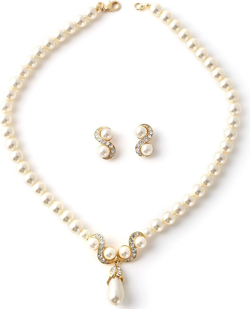 Gold Cream Pearl Chain and Crystal Rhinestone with Dangle Cream Pearl Necklace and Crystal Rhines... | Amazon (US)