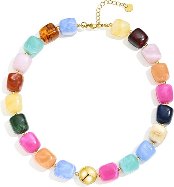 Chunky Beaded Statement Necklace for Women Trendy Colorful Boho Resin Bead Choker Necklaces Summe... | Amazon (US)