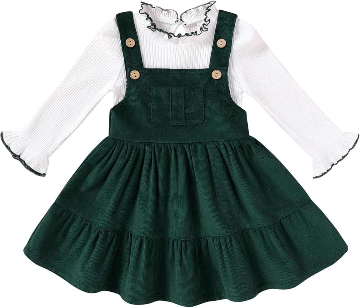 Happy Town Toddler Girl Clothes Long Sleeve Fall Outfits Ruffle Ribbed Floral Tops Overall Dress ... | Amazon (US)