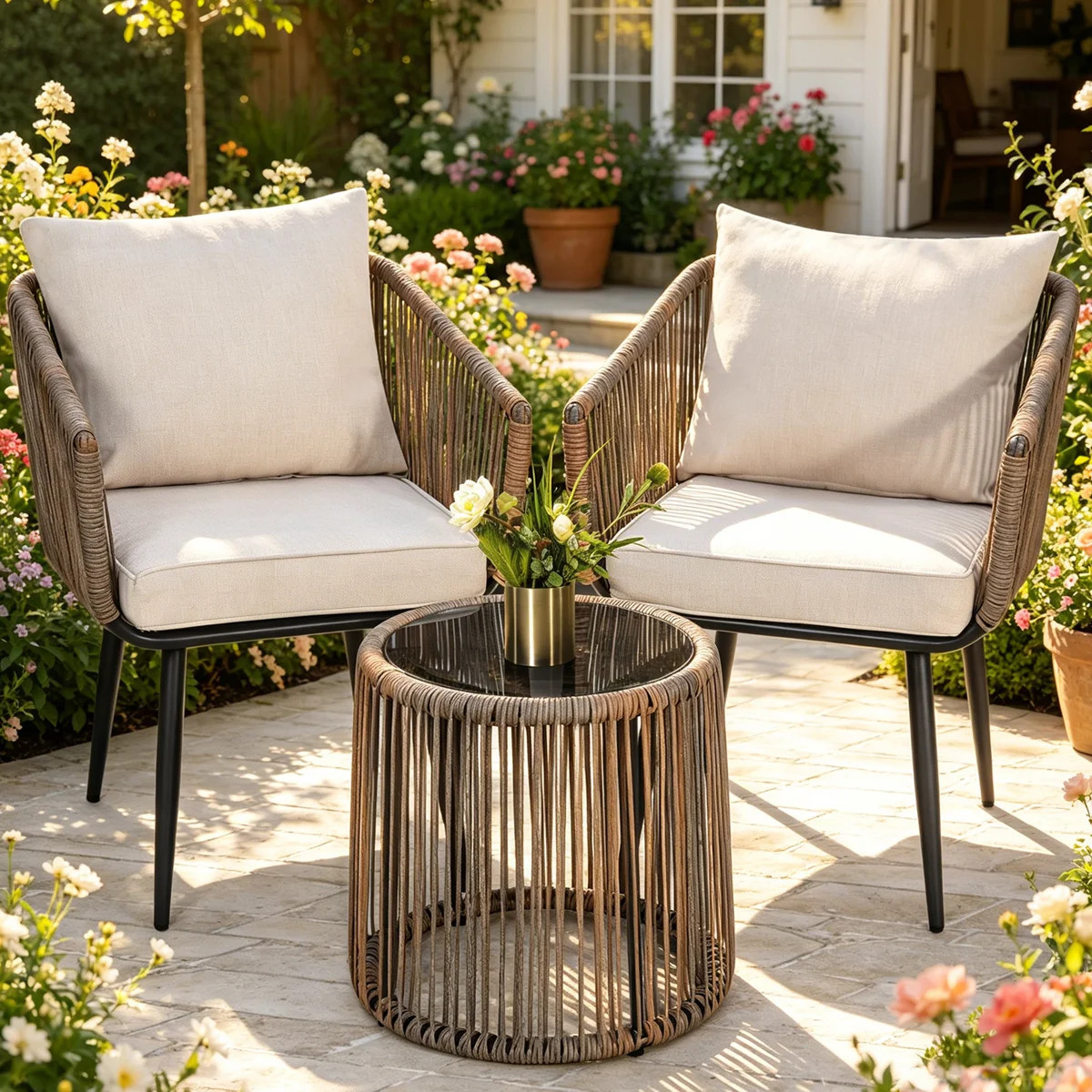 3 Pieces Patio Rattan Bistro Conversation Set, Outdoor All-Weather Wicker Furniture, Beige (Set o... | Wayfair North America