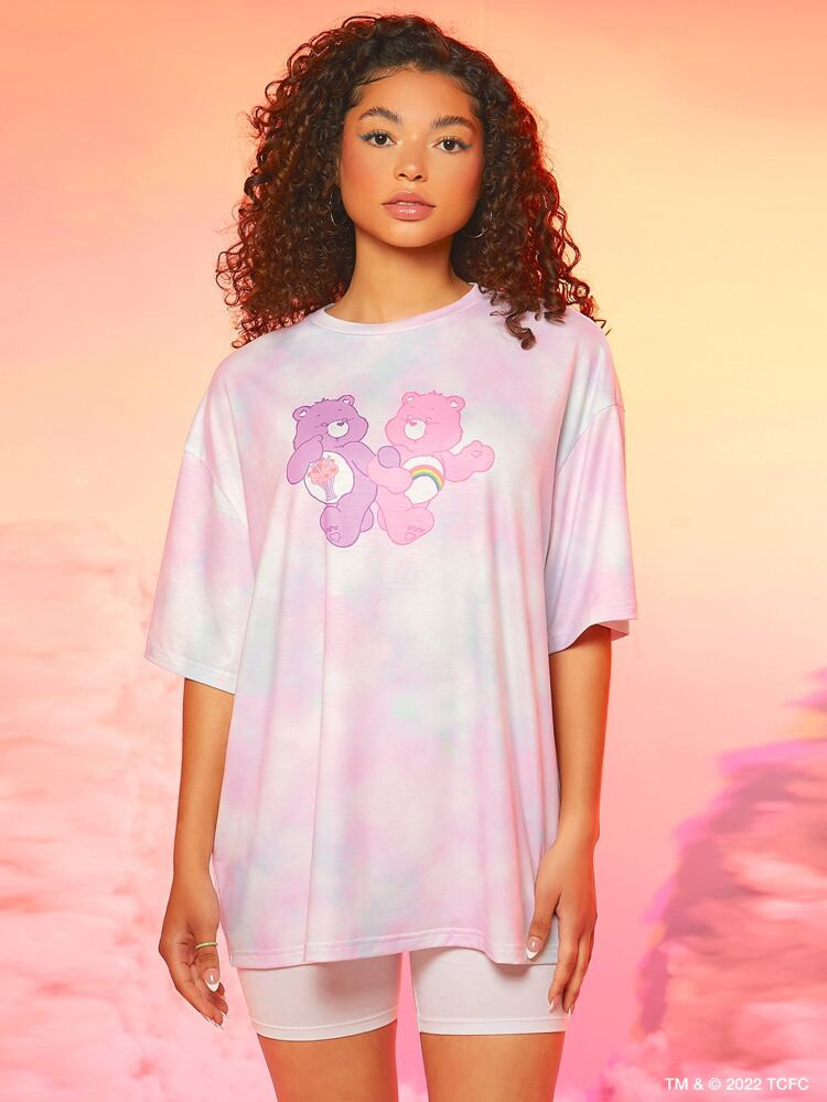SHEIN X Care Bears Tie Dye Bear Print Drop Shoulder Tee | SHEIN