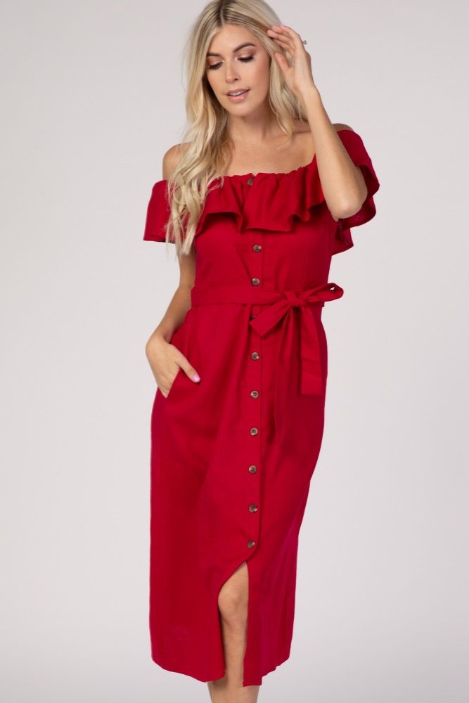 Red Off the Shoulder Button Down Tied Waist Dress | PinkBlush Maternity