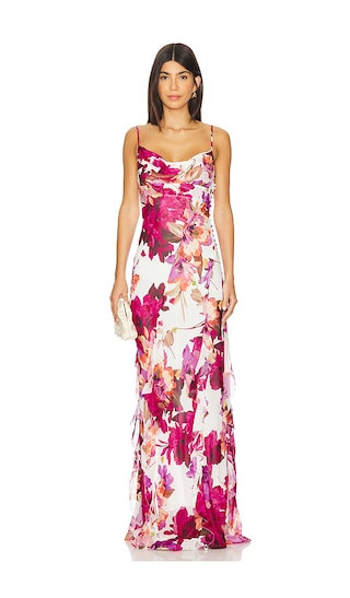 Kamila Ruffle Cowl Maxi Dress in Ria Floral Print Ivory | Revolve Clothing (Global)