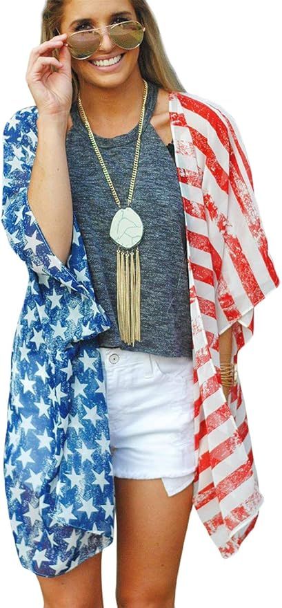 Qmislg Women's Cover Up 4th of July Kimono Outfit American Flag Beachwear Cardigan Blouse Top Shi... | Amazon (US)
