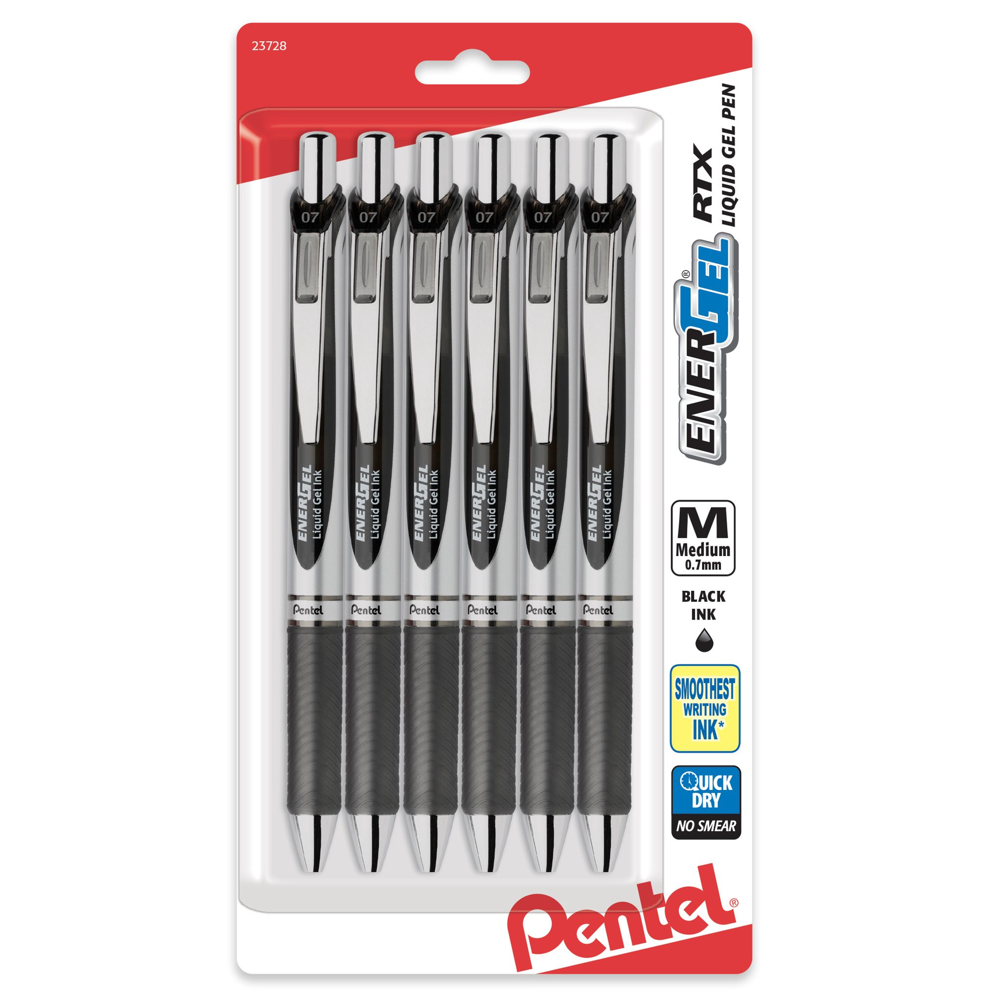 Pentel EnerGel RTX Gel Pen, 0.7mm Metal Tip, Medium Black Line, 6-Pk | Walmart (US)