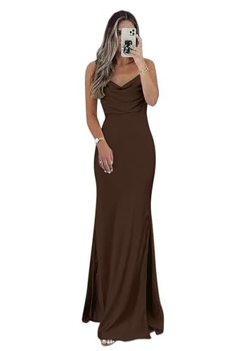 CAZSXIS Satin Prom Dress Long Bridesmaid Dresses with Slit Brown Formal Dress Slit Open Back Size14 | Amazon (US)