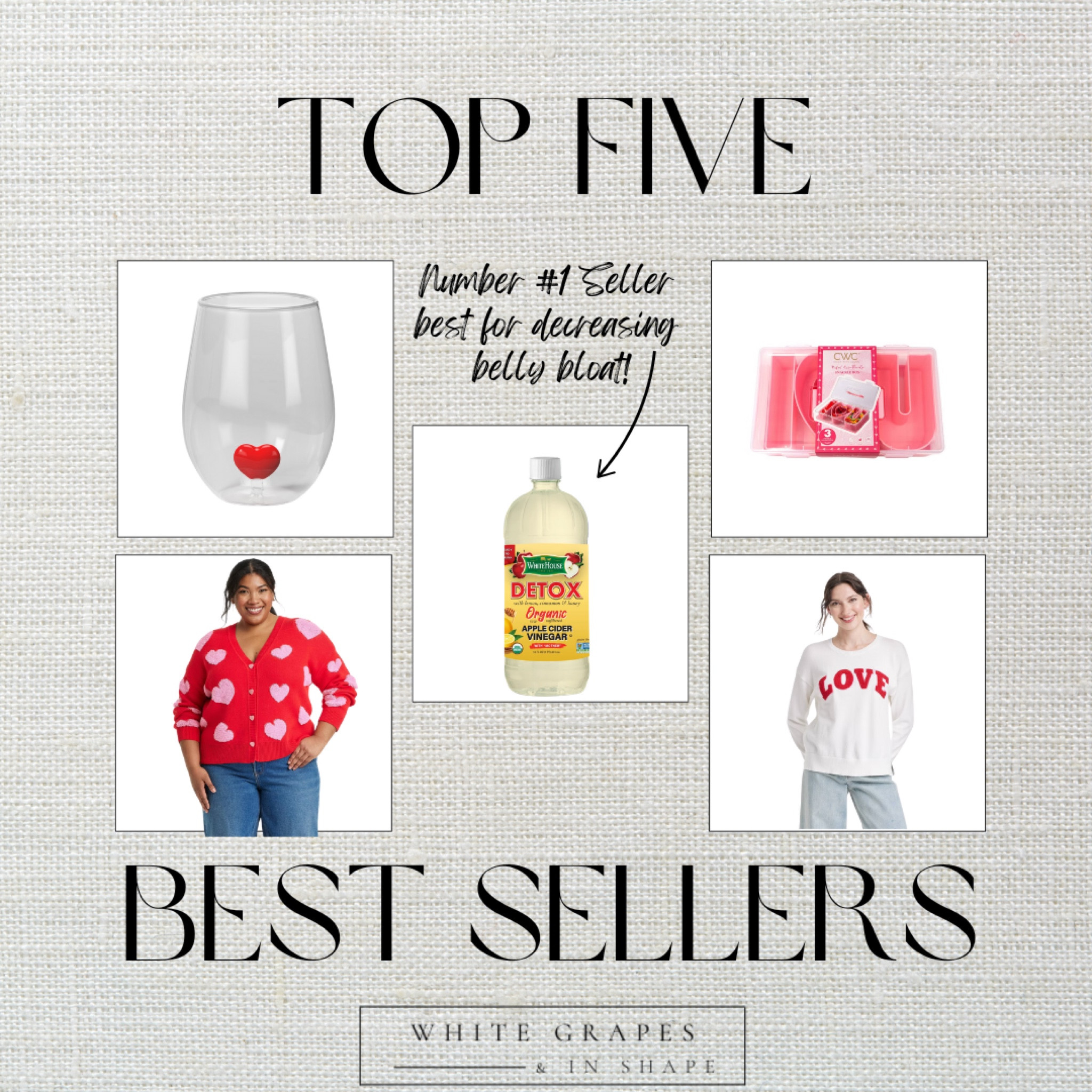 Weekly Best Sellers! 
Apple Cider Vinegar to help decrease belly bloat 
Valentine’s Day sweaters
Valentine’s Day wine glass
Valentine’s Day Snackle Box ❤️

#LTKFindsUnder50 #LTKStyleTip #LTKSeasonal