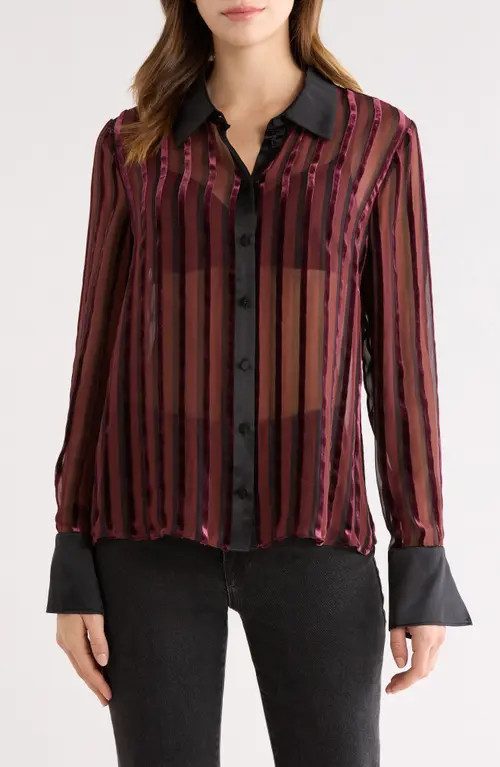 PAIGE Mazzy Velvet Stripe Sheer Silk Blend Shirt in Aubergine/Black at Nordstrom, Size X-Small | Nordstrom