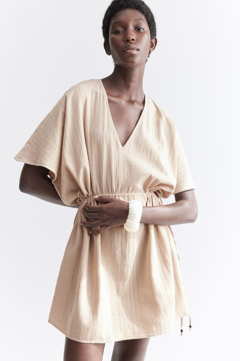 Drawstring-detail Dress - V-neck - Short sleeve - Beige - Ladies | H&M US | H&M (US + CA)