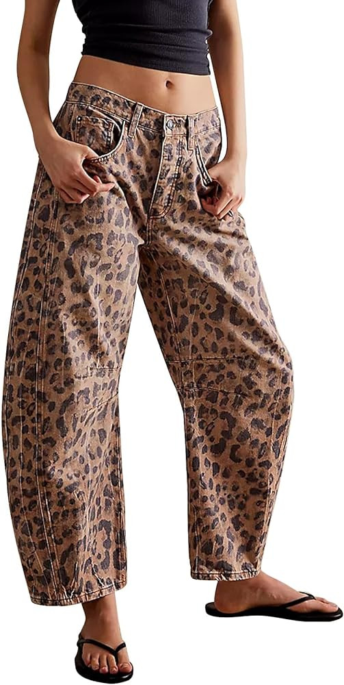 Women Leopard Barrel Jeans Casual Wide Leg Baggy Panst Y2k Boyfriend Mid Rise Denim Ankle Pants | Amazon (US)