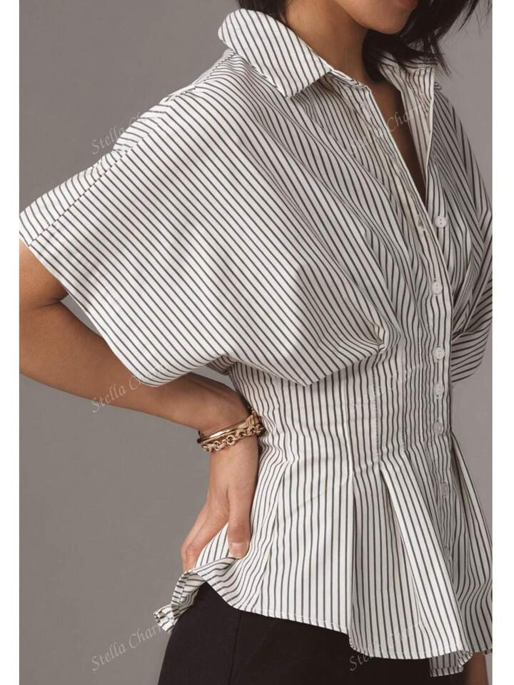 Summer Pleated Button Front Casual Shirt Short-Sleeves | SHEIN