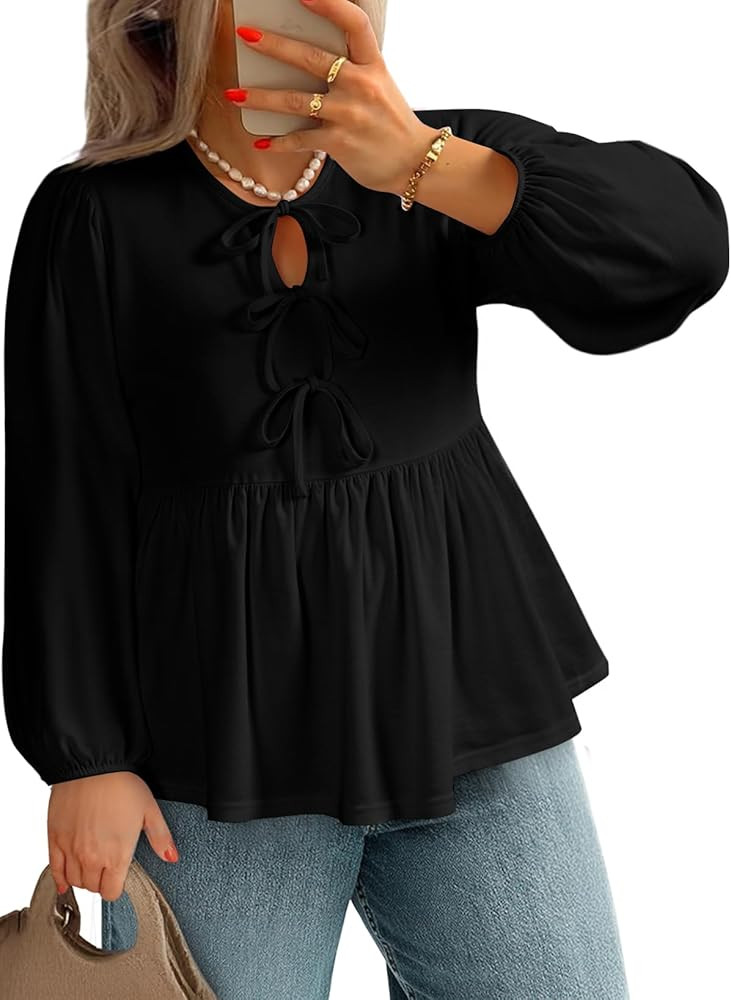 AlvaQ Womens Plus Size Tops Fall Fashion Bow Tie Front Puff Sleeve Crewneck Babydoll Peplum Blous... | Amazon (US)