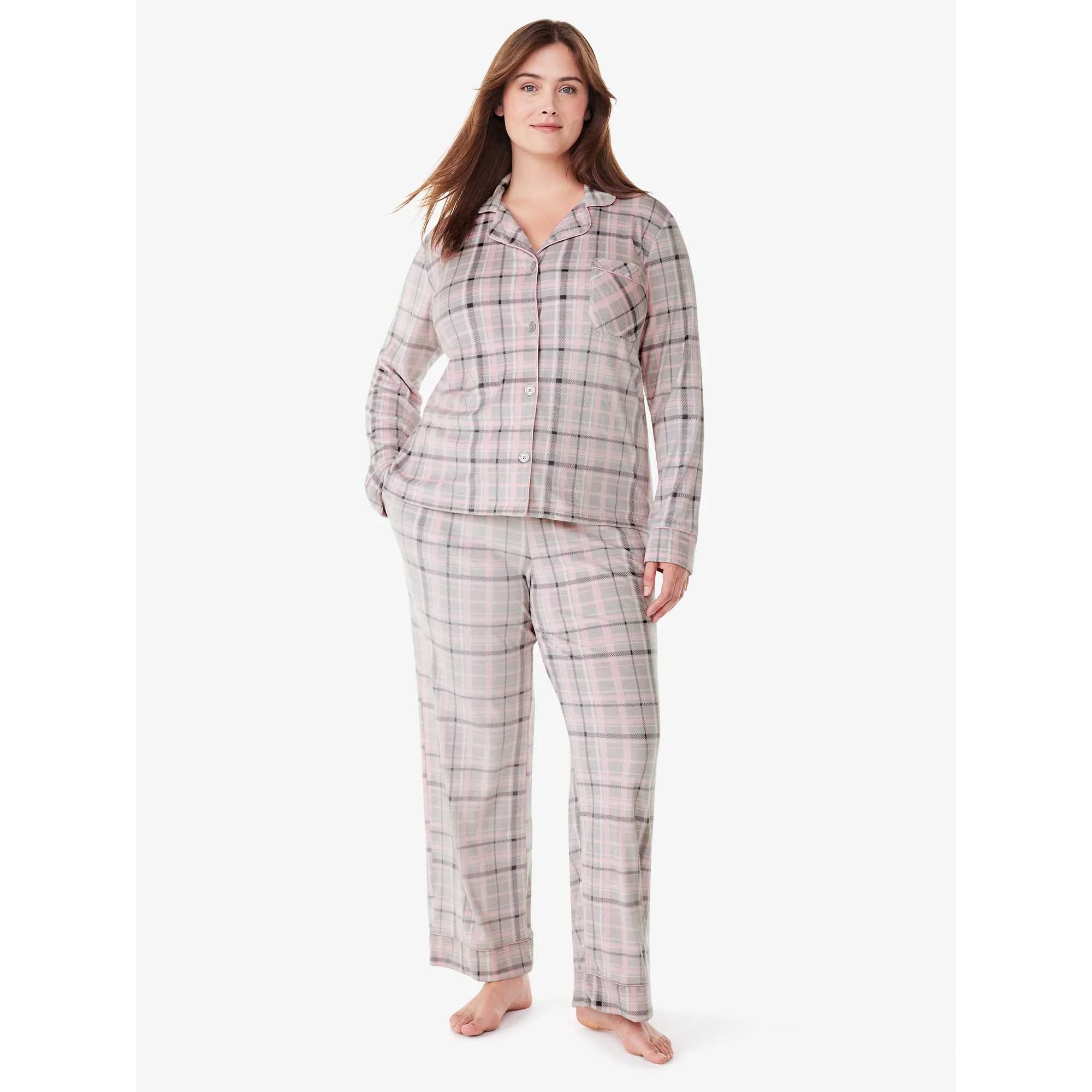 Joyspun Women’s Stretch Velour Notch Collar Top with Pants, 2-Piece Pajama Set, Sizes S to 3X | Walmart (US)