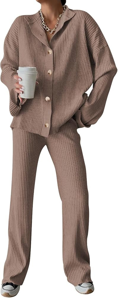 Cakulo Womens 2 Piece Outfits 2024 Lounge Sets Button Cardigan Knit Sweater Pants Loungewear Matc... | Amazon (US)