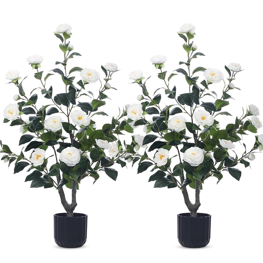 Jexine 2 Pack 36" Artificial Tree with Camellia, Fake Tree with 24 Blooming Flowers, Flower Plant... | Amazon (US)
