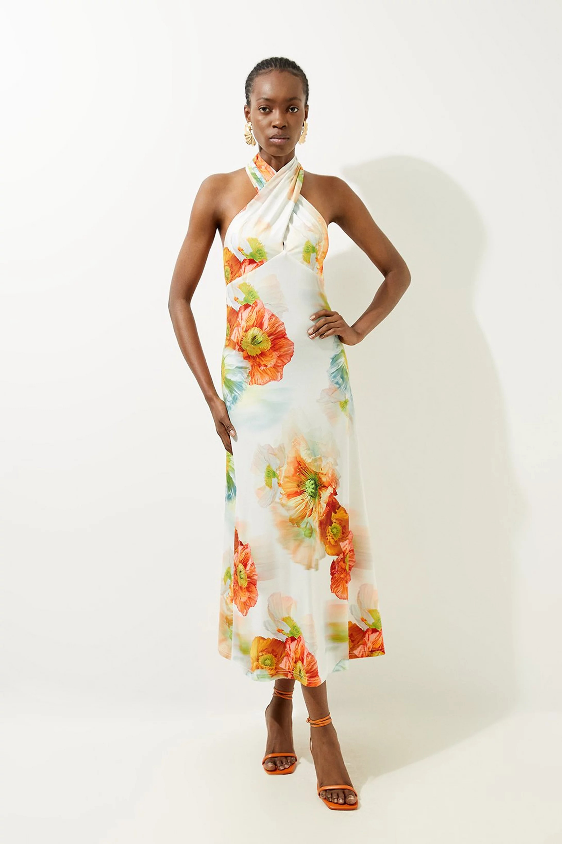 Abstract Floral Printed Jersey Crepe Twist Neckline Maxi Dress | Karen Millen US
