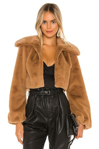Camila Coelho Cleobella Cropped Faux Fur Jacket in Light Walnut from Revolve.com | Revolve Clothing (Global)