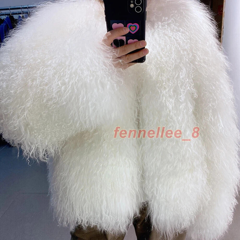 Women 100% Real Mongolian Lamb Fur Coat Curly Long Fur Short Jacket Warm Outwear | eBay US
