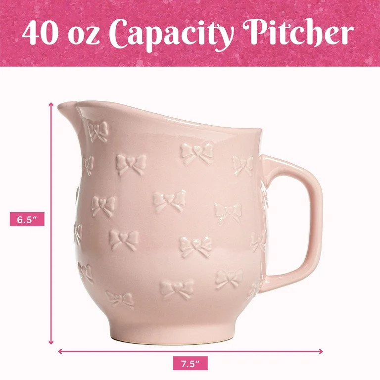 Paris Hilton Ceramic Pitcher, 40 Ounce Capacity, Easy Pour Spout, Embossed Bow Design, Pink | Walmart (US)