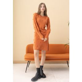 Puff Sleeve Pom-Pom Sweater Dress in Orange | Chicwish