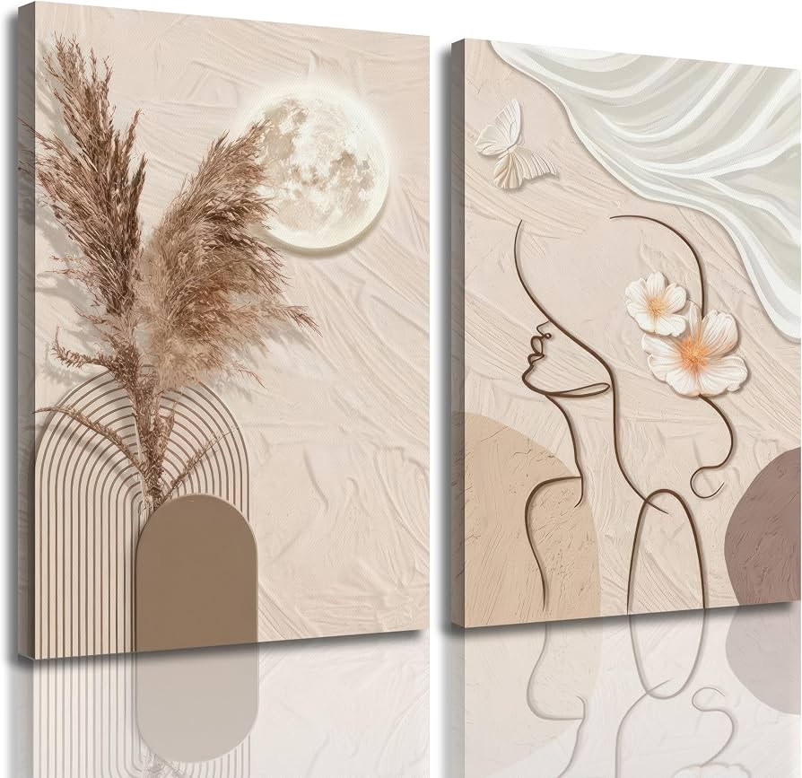2 Piece Neutral Boho Canvas Wall Art Woman Line Art (12x16in canvas) | Amazon (US)