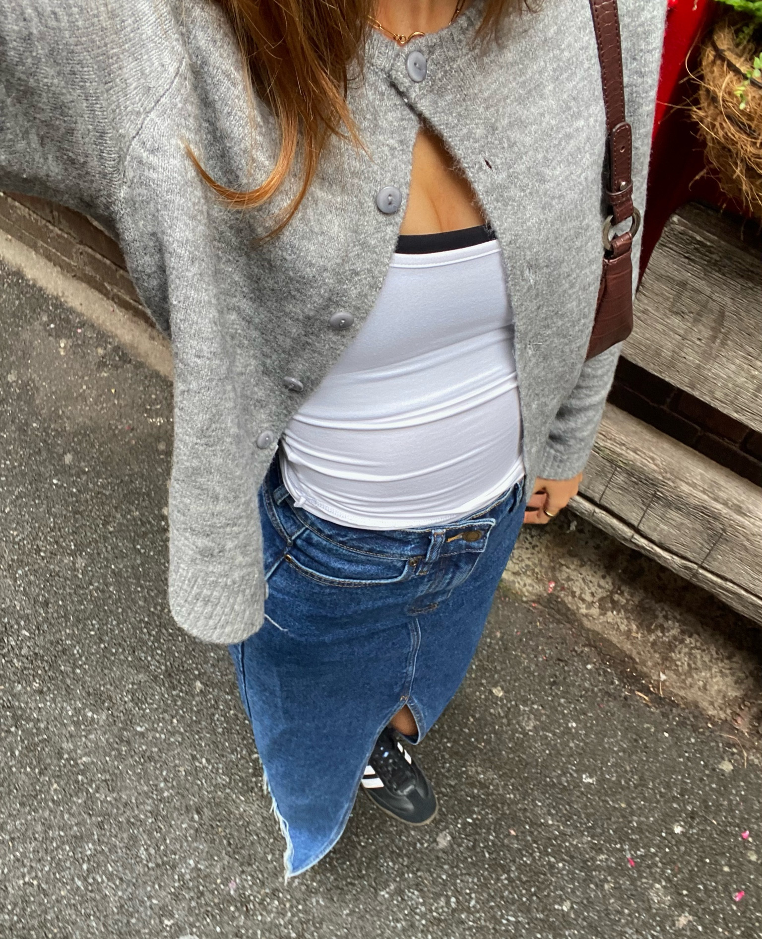 Everyday causal chic fashion, denim midi skirt, black adidas samba outfits, grey knit cardigan outfit, minimal style, aesthetic streetwear, ootd

#LTKSpringSale #LTKstyletip #LTKMostLoved
