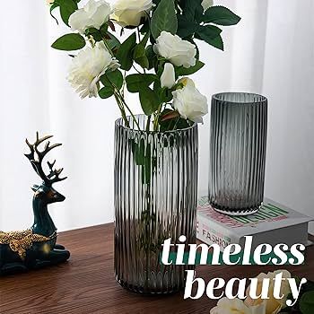 Greenline Goods Ribbed Flower Vase with Rounded Bottom - Gray Hand-Blown Glass Vases for Flowers,... | Amazon (US)