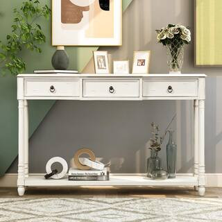 URTR 51 in.Antique White Rectangle Wood Console Table Sofa Table with Drawers and Long Shelf for ... | The Home Depot