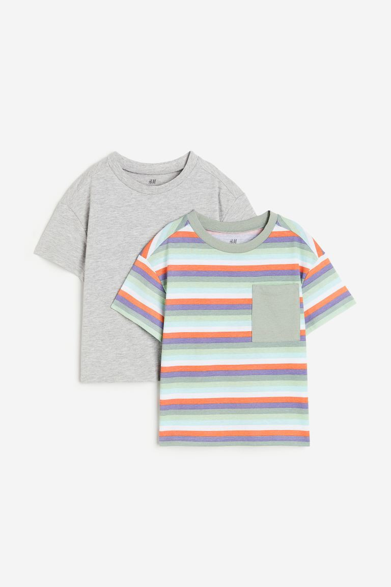 2-pack T-shirts - Round Neck - Short sleeve - Light gray melange/striped - Kids | H&M US | H&M (US + CA)