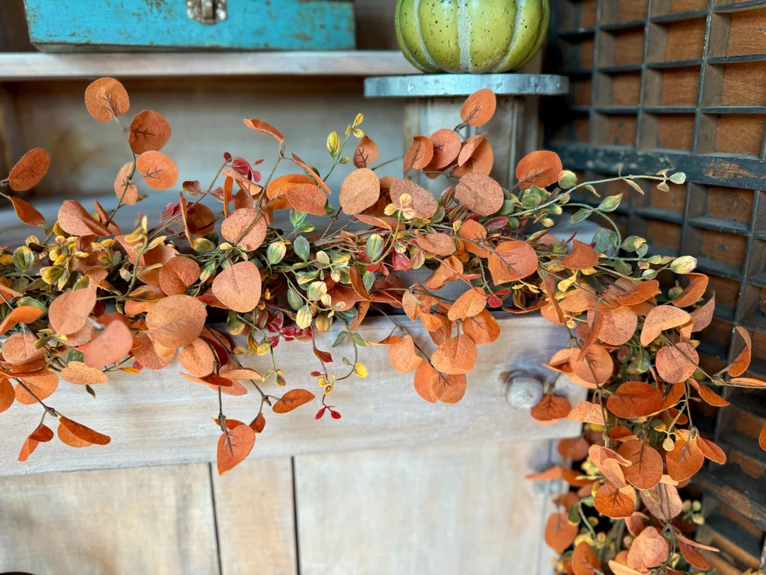 Rusty Fall Eucalyptus Garland, Fall Garland, Fall Vine Garland, Kitchen Cabinet Decor, Boho Brown... | Etsy (US)
