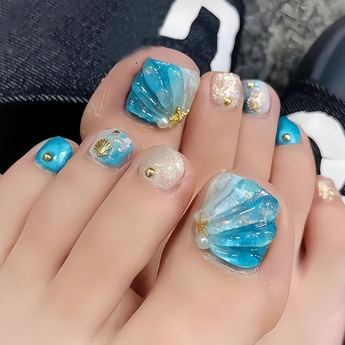 24Pcs Summer Press on Toenails‌ Short Square Fake Toe Nails 3D Blue Ripple with Shell Designs F... | Amazon (US)