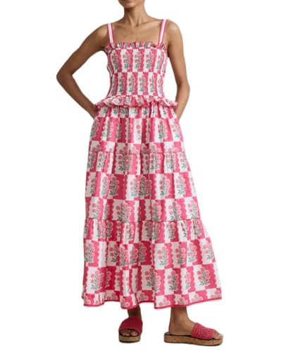 Women Summer Boho Tie Shoulder Dress Y2k Floral Smocked Flowy Long Dress Ruffle Tiered Beach Vocation Sundress(Smocked Pink,Medium) | Amazon (US)