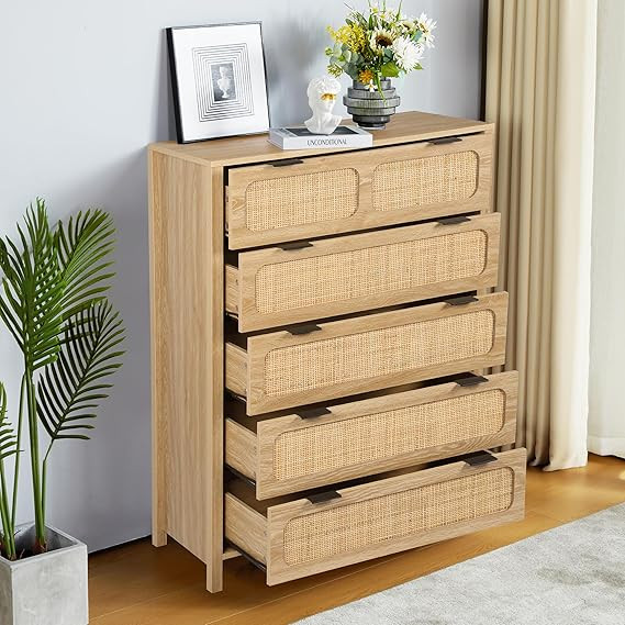 LEVNARY 5 Drawer Chest Dresser, Rattan Tall Dresser 5 Chest of Drawers for Bedroom, Wood Storage ... | Amazon (US)