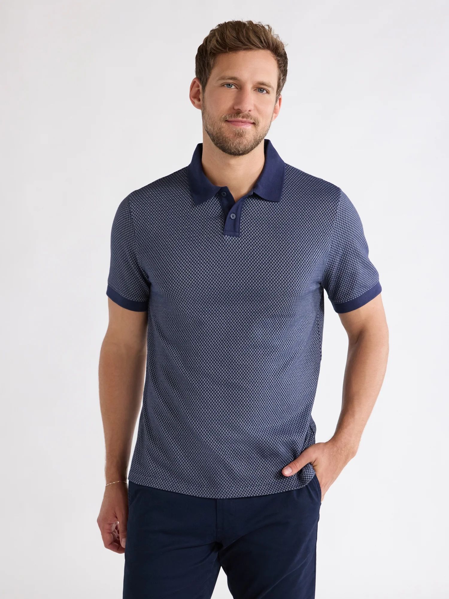 Free Assembly Men’s Jacquard Checkered Knit Polo Shirt, Sizes S-3XL | Walmart (US)