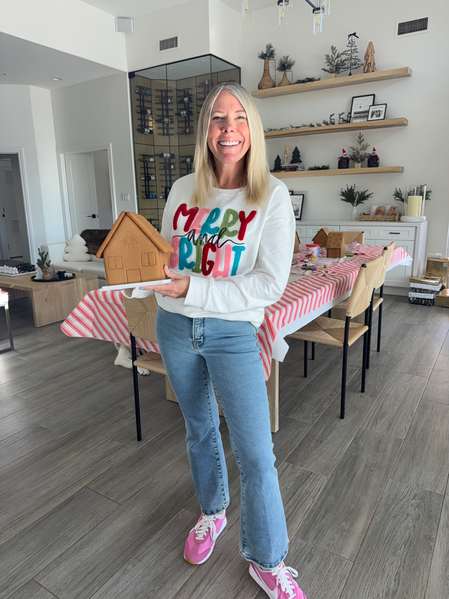 Merry and bright Christmas sweatshirt with jeans and pink Nike sneakers. Sized medium shirt and 2/26 jeans. Sneakers tts 



#LTKdayinmylife #LTKHoliday #LTKmomlife