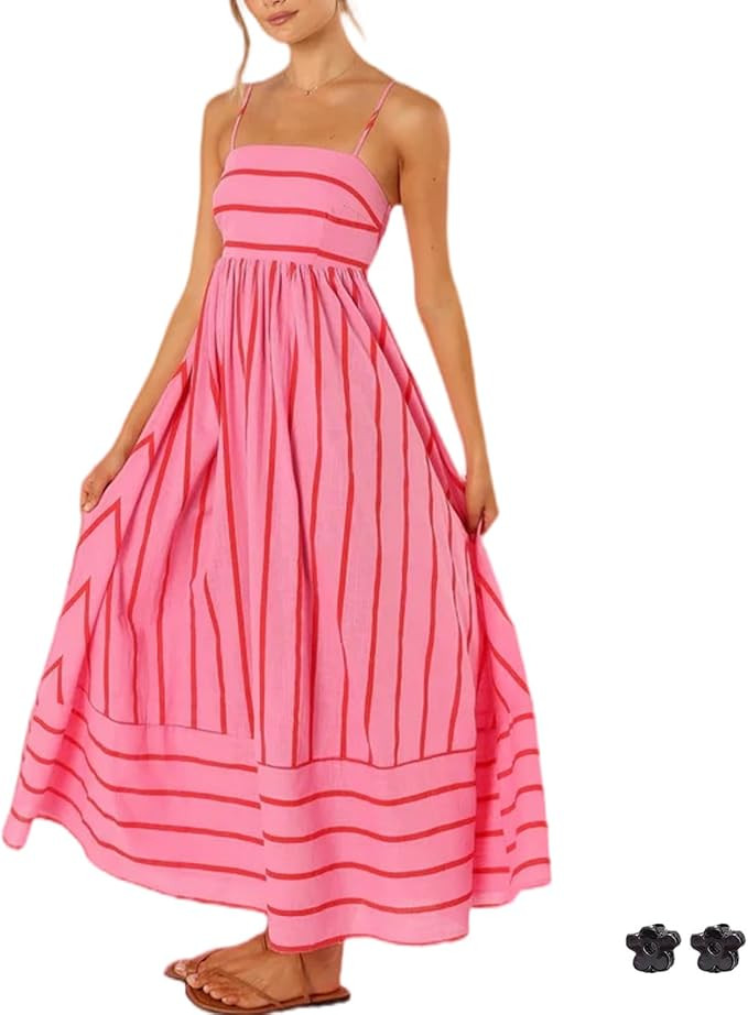 Striped Maxi Dress for Women,Yk2 Summer Sleeveless A Line Bohemian Long Beachs Dress | Amazon (US)