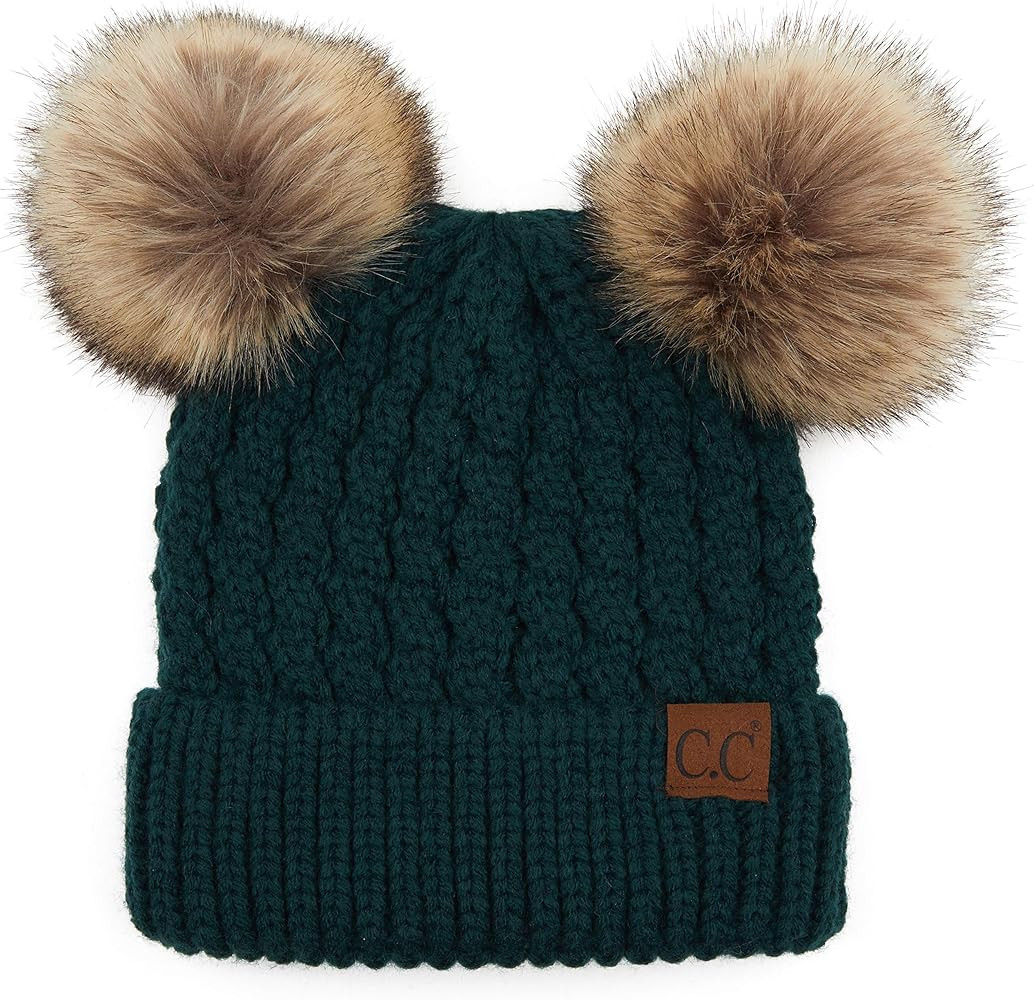 C.C Hatsandscarf Exclusives Natural Double Pom Pom Cable Knit Winter Beanie (HAT-2055) (Deep Pine... | Amazon (US)