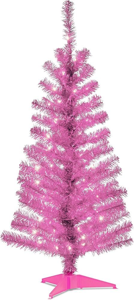 National Tree Company Pre-Lit Artificial Christmas Tree, Pink Tinsel, White Lights, Includes Stan... | Amazon (US)