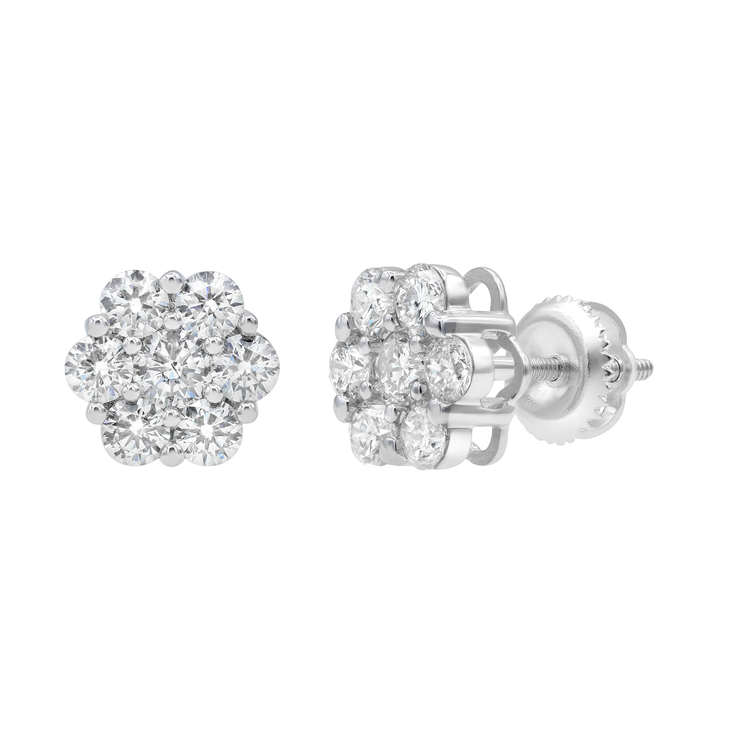 Solace 14K White Gold Flower Cluster Diamond Unisex Earrings - 1.80 Ct | Shop Simon