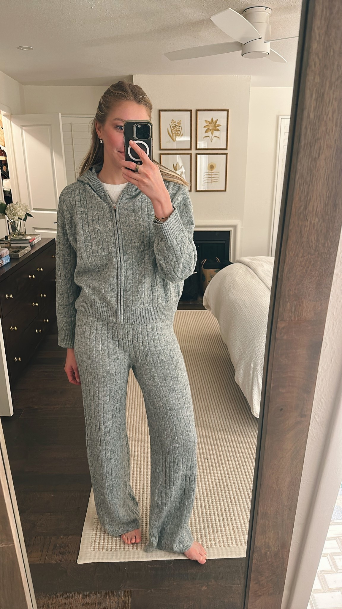 H&M cable it set. Wearing a M in both! Perfect for lounging around in on Thanksgiving!