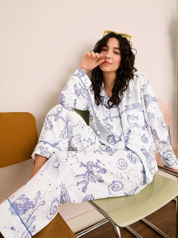 Chillnights Women's Casual Moon, Sun, Leo, Libra Line Print Comfortable Loose Woven Lapel Button Long Sleeve Pajama Set Blue Pj Set Women | SHEIN