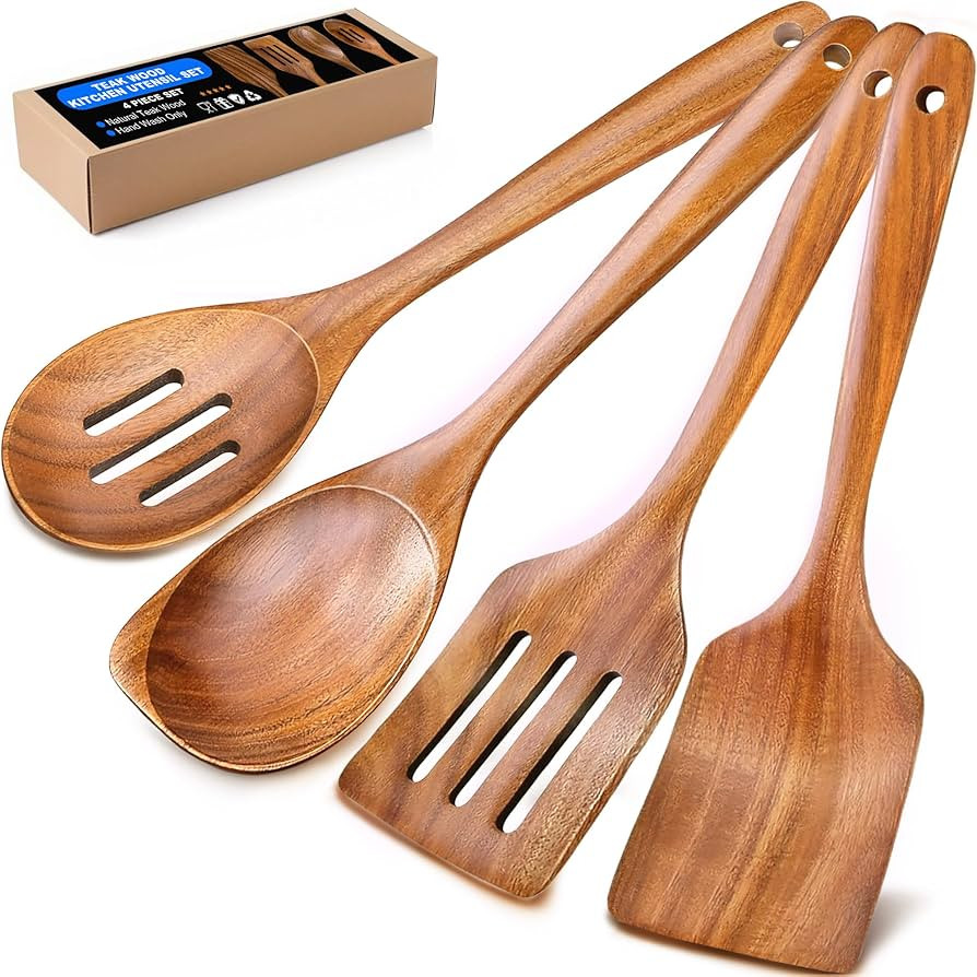 Wooden Spoons for Cooking, 4 Piece Natural Premium Teak Wooden Cooking Utensils Set, Heat Resista... | Amazon (US)