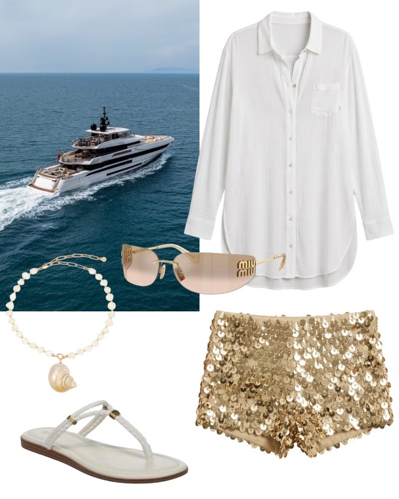 Summer outfit idea, beach, boat, glitter, shorts, holes, white down blouse, black sandals, seashell necklace, resort.

#LTKSaleAlert #LTKTravel #LTKSeasonal
