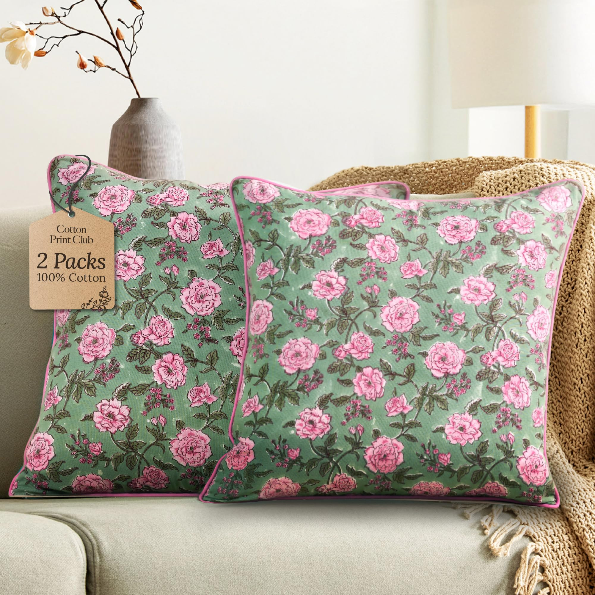 CPC 100% Cotton Throw Pillow Covers 18x18 Inch, Set of 2 Pink Block Print Pattern Couch Pillow, C... | Amazon (US)
