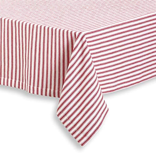 Red and White Ticking Stripe Woven Cotton Fabric Tablecloth, 60 Round | Amazon (US)
