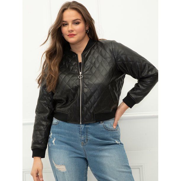 ELOQUII Elements Plus Size Quilted Faux Leather Bomber Jacket - Walmart.com | Walmart (US)