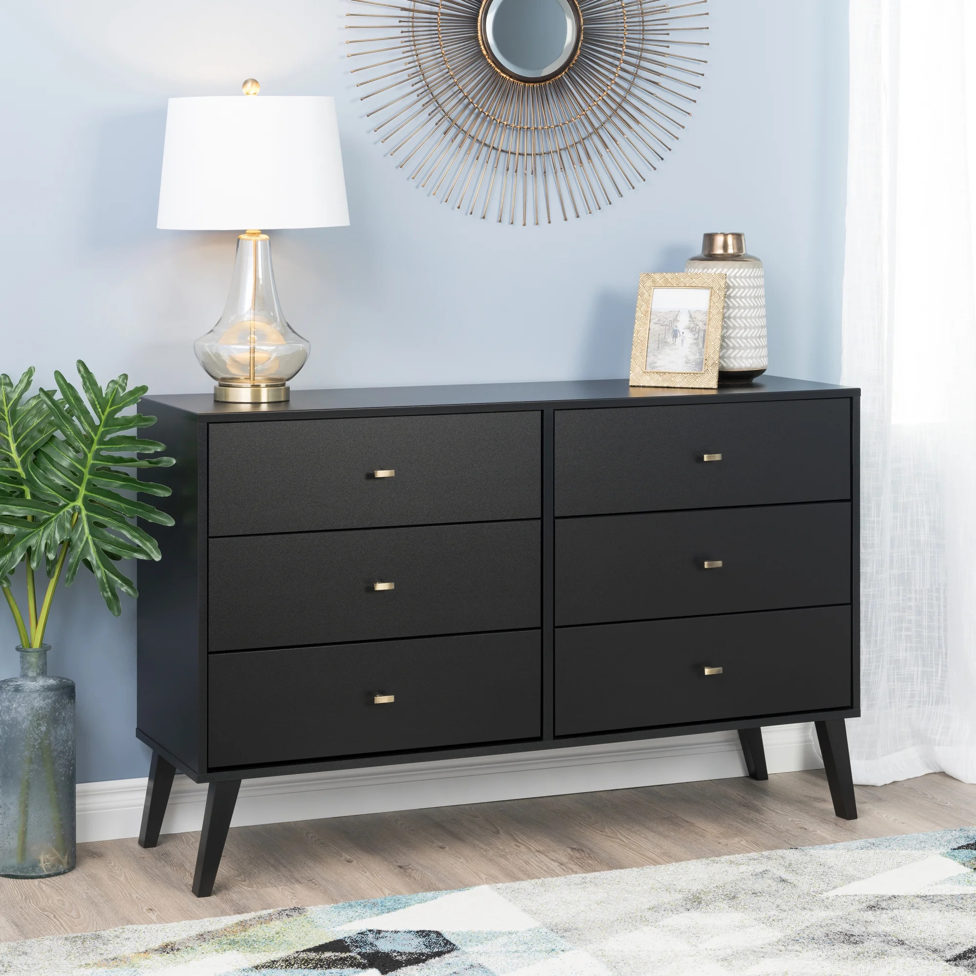 Prepac Milo Mid Century Modern 6-Drawer Double Dresser, Black | Walmart (US)