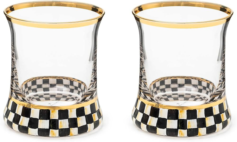 MACKENZIE-CHILDS Tumbler Glasses, Elegant Drinkware, Glasses with Gold Rim, 8 Ounces, Set of 2, Black-and-White Courtly Check | Amazon (US)